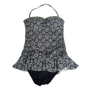 Lauren Ralph Lauren Black White Paisley Print One Piece Swimsuit Ruffle Skirt 6